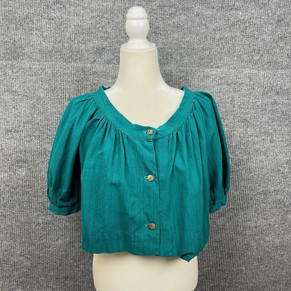 Vtg 1980s Peasant Crop Top Womens XL Teal Wooden Buttons Puff Sleeve Boho Twee